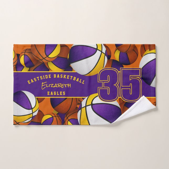 Toalha De Mão Muitas bolas de basquete, equipes de ouro roxo col (Toalha de mão)