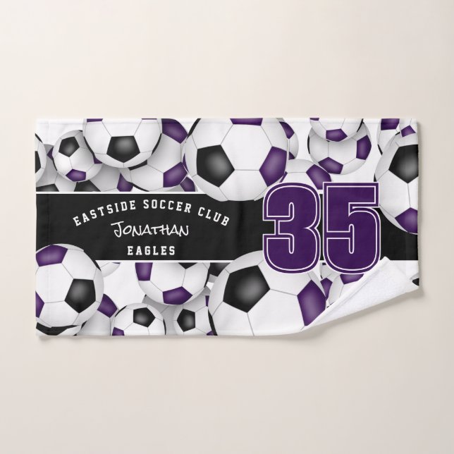 Toalha De Mão Muitas bolas de futebol espiam preto roxo (Toalha de mão)