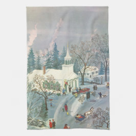 Toalha De Mão Natais vintages, Pessoas indo à Igreja na Neve