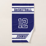 Toalha De Mão Navy Blue and White Sport 🏀 Basketball Kitchen To<br><div class="desc">Hand Towel. Navy blue (DIY BACKGROUND Color..change it to any color you like) and white sport basketball ready for you to personalize. Makes a great gift for any sport player. ✔NOTE: ONLY CHANGE THE TEMPLATE AREAS NEEDED! 😀 If needed, you can remove the text and start fresh adding whatever text...</div>