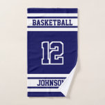Toalha De Mão Navy Blue and White Sport 🏀 Basketball Kitchen To<br><div class="desc">Hand Towel. Navy blue (DIY BACKGROUND Color..change it to any color you like) and white sport basketball ready for you to personalize. Makes a great gift for any sport player. ✔NOTE: ONLY CHANGE THE TEMPLATE AREAS NEEDED! 😀 If needed, you can remove the text and start fresh adding whatever text...</div>