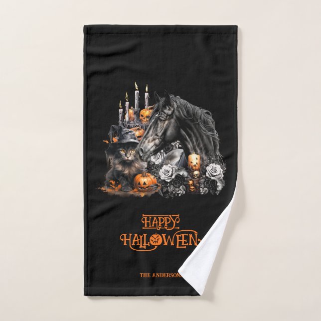 Toalha De Mão Negro preto de Halloween Gato assustador (Toalha de mão)