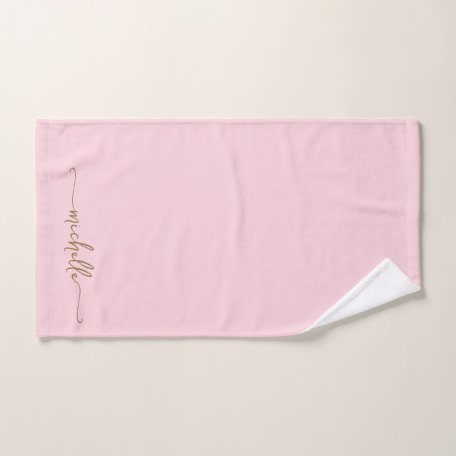 Toalha De Mão Nome com Letra Inicial em Script Elegante Rosa Beg (Toalha de mão)