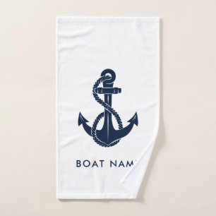 Toalha De Mão Nome de Barco Náutico Personalizado Âncora Azul Ma