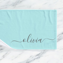 Toalha De Mão Nome de Monograma Feminino Moderno em Script Aqua 