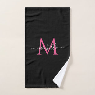Toalha De Mão Nome de monograma preto e rosa em letra manuscrita