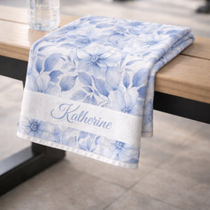 Toalha De Mão Nome do padrão floral em aquarela azul moderno Esp