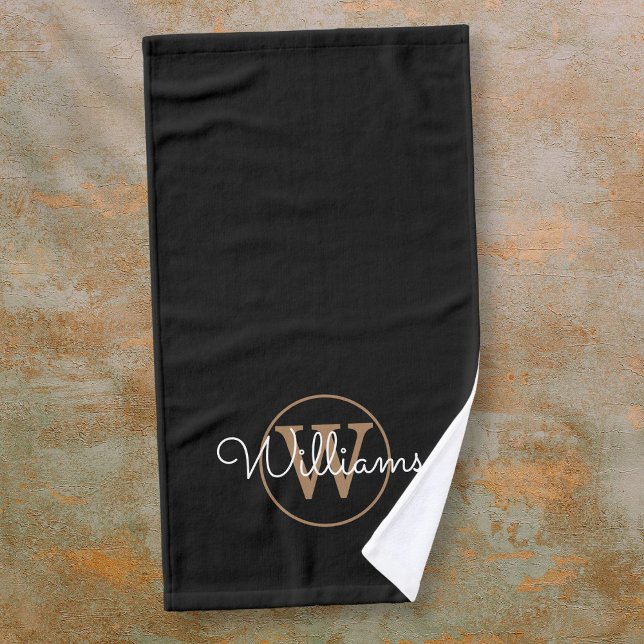 Toalha De Mão Nome do Script do Monograma Dourado Preto Moderno  (Modern Stylish Black Gold Monogram Script Name Hand Towel)