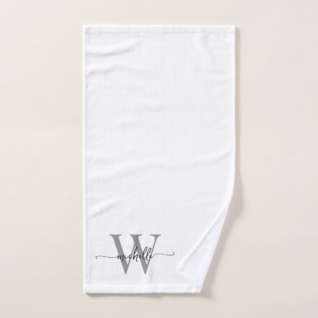Toalha De Mão Nome Monograma Cinza Branco Elegante Estiloso Scri (Toalha de mão)