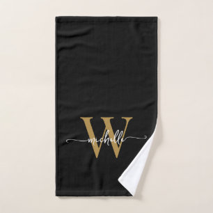 Toalha De Mão Nome Monograma Elegante Preto Dourado Script Moder
