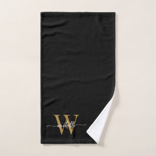 Toalha De Mão Nome Monograma Preto Dourado Elegante Stylish Scri