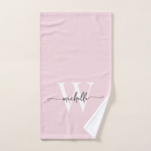 Toalha De Mão Nome Monograma Rosa Bege Moderno Estiloso Script