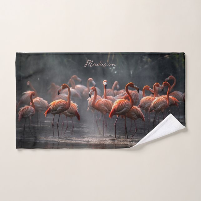 Toalha De Mão Nome personalizado Tropical Flamingos (Toalha de mão)