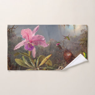 Toalha De Mão Orquídea Cattleya e três beija-flores por Heade