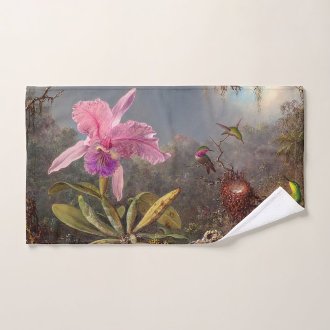 Toalha De Mão Orquídea Cattleya e três beija-flores por Heade (Toalha de mão)