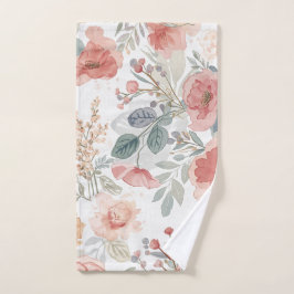 Toalha De Mão Padrão de Aquarela Floral Jardim Coral Rubor