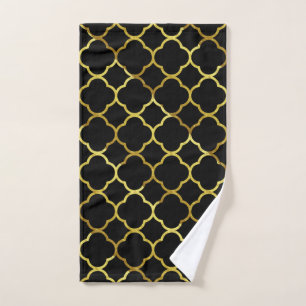 Toalha De Mão Padrões Quatrefoil de Ouro Dourado Preto Elegante
