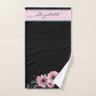 Toalha De Mão Personalizar fundo preto de borda inferior floral