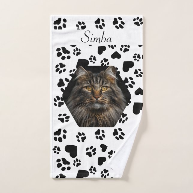 Toalha De Mão Pet Photo & Name & Paw Print Patterno Personalizáv (Toalha de mão)