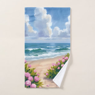 Toalha De Mão Praia em Flor   Hortênsia Rosa Costa Oceânica Cost