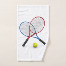 Rackets e bola de tênis 3D azuis e vermelhos