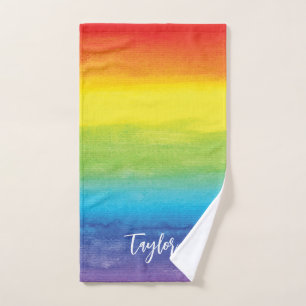 Toalha De Mão Rainbow Watercolor Purple Red Modern Name