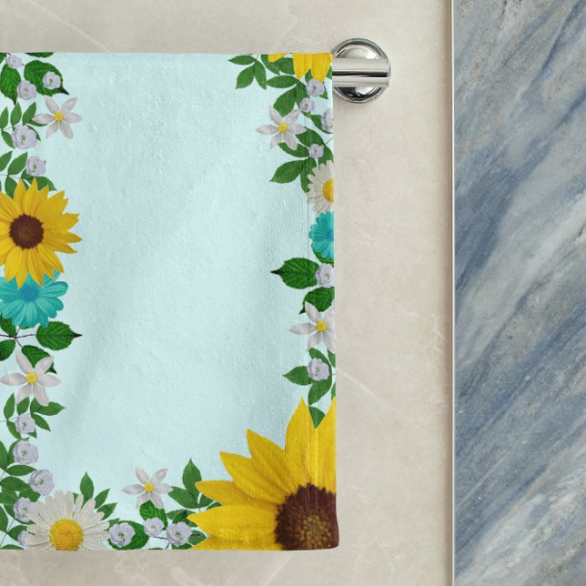 Toalha De Mão Rustic Sunflower Daisy Teal Floral (Criador carregado)