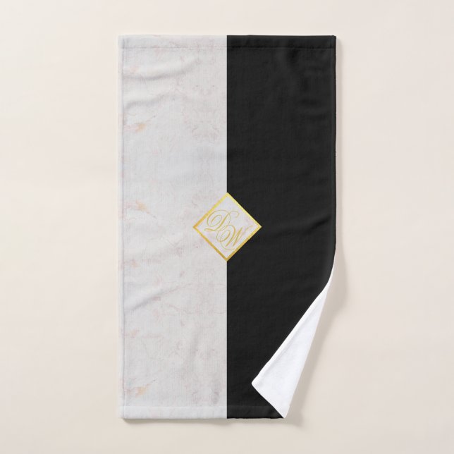 Toalha De Mão Script Elegante Dourado de Mármore Branco preto Mo (Toalha de mão)