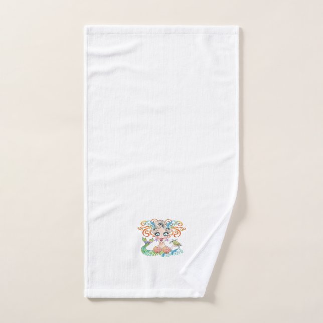 Toalha De Mão Sereia Bonita com Tartaruga em Branco (Toalha de mão)