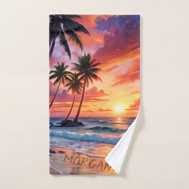 Toalha De Mão Sunset de praia tropical personalizado | Esporte C (Toalha de mão)