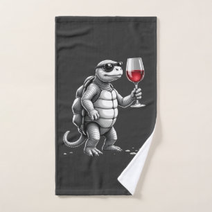 Toalha De Mão tartaruga fixe bebendo vinho tinto impressão artís
