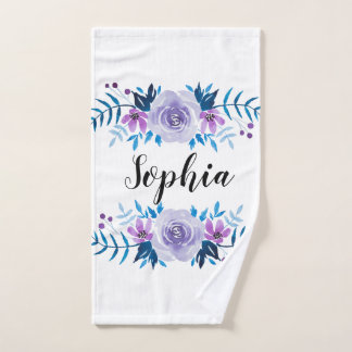 Toalha De Mão Texto Personalizado de Texto Floral Púrpura Azul-C