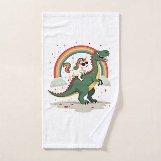 Toalha De Mão Unicórnio Arco-Íris Montando T rex - Dinossauro Me