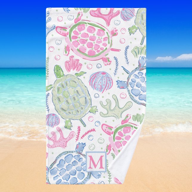 Toalha De Mão Watercolor Sea Turtles Coastal Preppy Monogram  (Criador carregado)