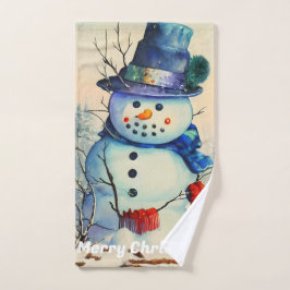 Toalha De Mão Watercolor Snowman - Toque de Mão