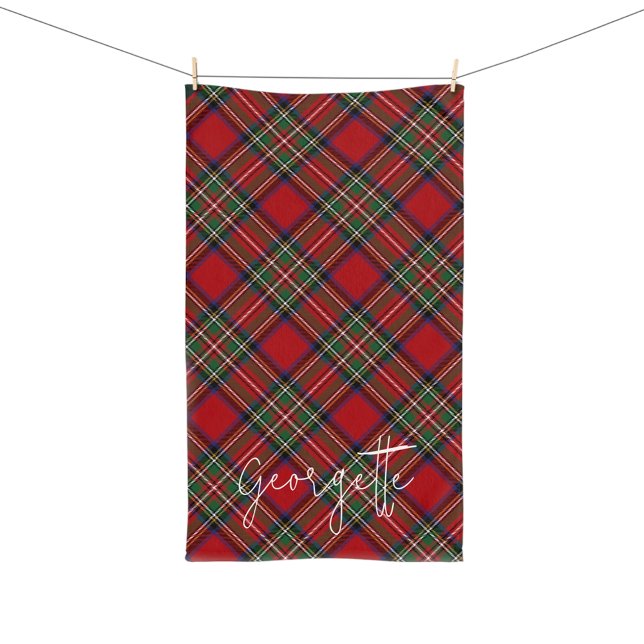 Toalha De Mão Xadrez Personalizada Russo Verde Stewart Tartan (Elegant Rustic Plaid Script Stewart Tartan Hand Towel)