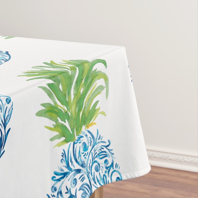 Toalha De Mesa Abacaxi Chinoiserie Blue White Preppy (Posição Original)