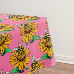 Toalha De Mesa Abeha no Design de Padrão de Flor de Girassol Rosa