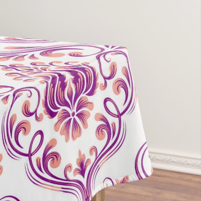 Toalha De Mesa Algodão Elegante Floral Pêssego e Damasco Roxo (Posição Original)