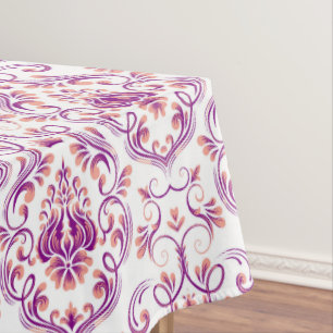 Toalha De Mesa Algodão Elegante Floral Pêssego e Damasco Roxo