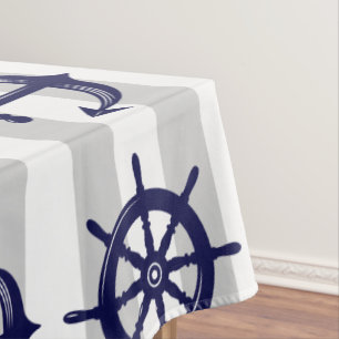 Toalha De Mesa Âncora Azul Marinho Roda de Leme Listras Cinza Náu