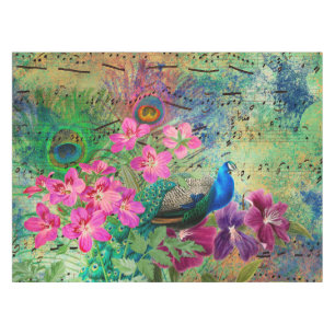 Toalha De Mesa Antigo Pavão Ilustrado e Flores Grunge