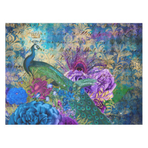 Toalha De Mesa Antigo Pavão Ilustrado e Flores Grunge