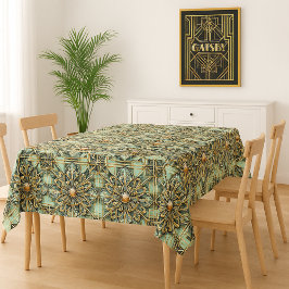 Toalha De Mesa Art Deco Ornata Verde Dourado dos Anos 1920 