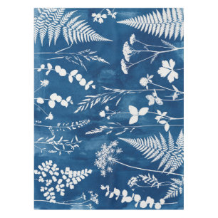 Toalha De Mesa Arte Botânica de Samambaia em Azul Cianotipia Indi