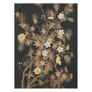 Toalha De Mesa Arte Floral Outonal em Preto Dourado Japonês Vinta
