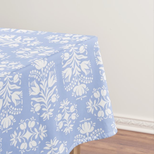 Toalha De Mesa Artesanato Floral Damasco Azul e Branco (Posição Original)