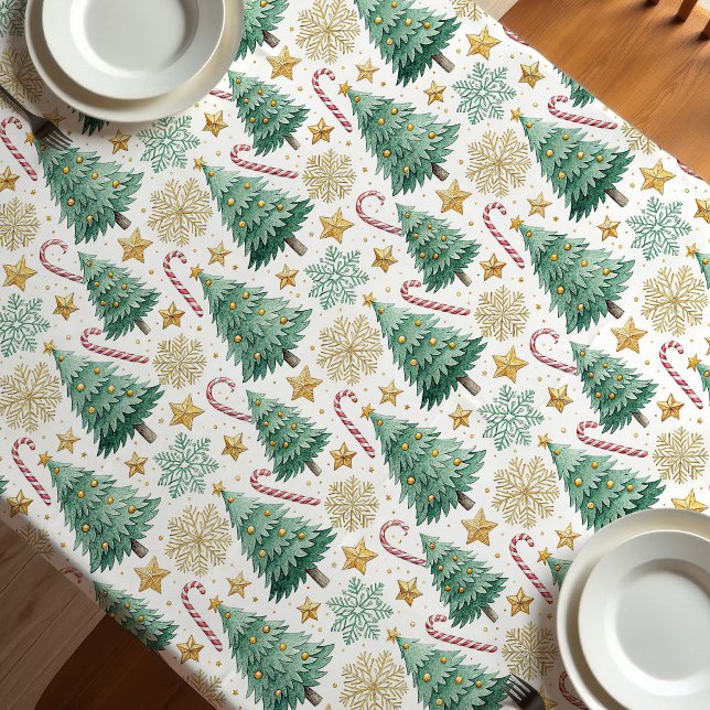 Toalha De Mesa Árvores de Natal elegantes em vermelho, verde e do (Elegant Christmas trees red green gold tablecloth)