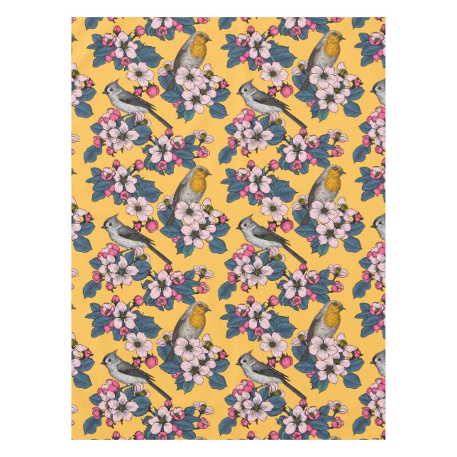 Toalha De Mesa Aves e Blossomas em amarelo (Frente)