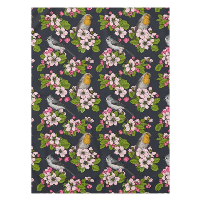 Toalha De Mesa Aves e Blossomas em preto (Frente)